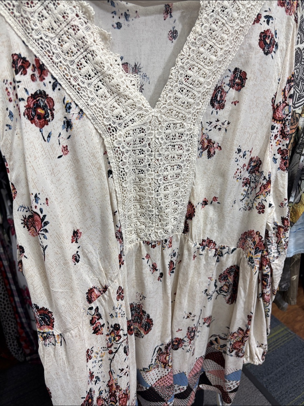 Bohemian Floral Crochet-Trim Tunic Dress in Cream and Rose